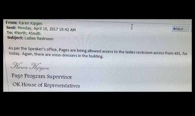 Oklahoma House staffer apologizes for email over bathroom