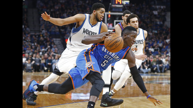 Oladipo lifts Russ-less Thunder over Wolves, 100-98